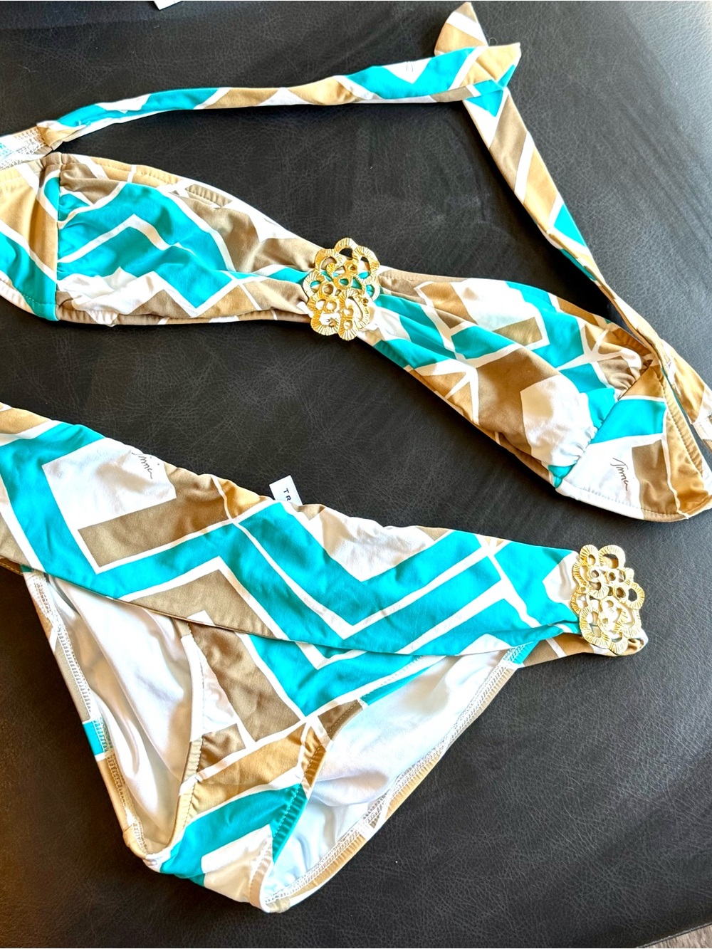 Trina Turk (M) Turquoise & Tan Geometric Bikini Set with Gold Accents